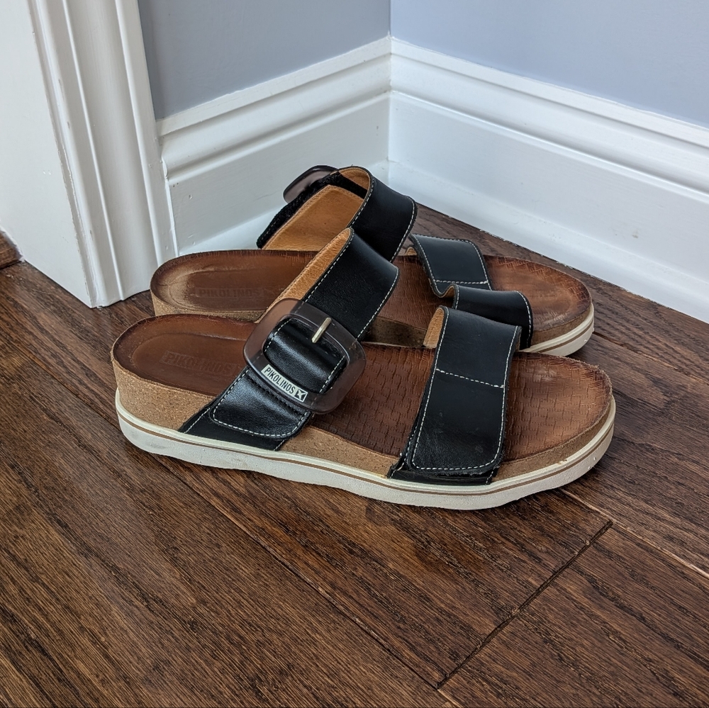 Pikolinos Meroca Women's Black Leather Double Strap Slide Sandals 8-8.5?